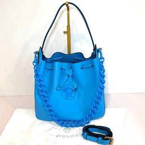New Versace La Medusa Bucket Bag In Blue Leather With Three Shoulder Straps